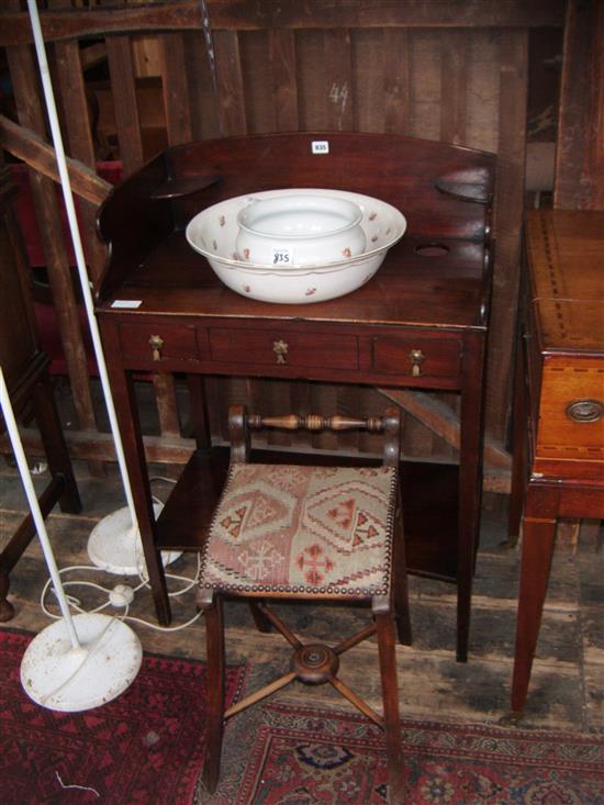 Mahogany washstand with bowl & a tapestry stool(-)